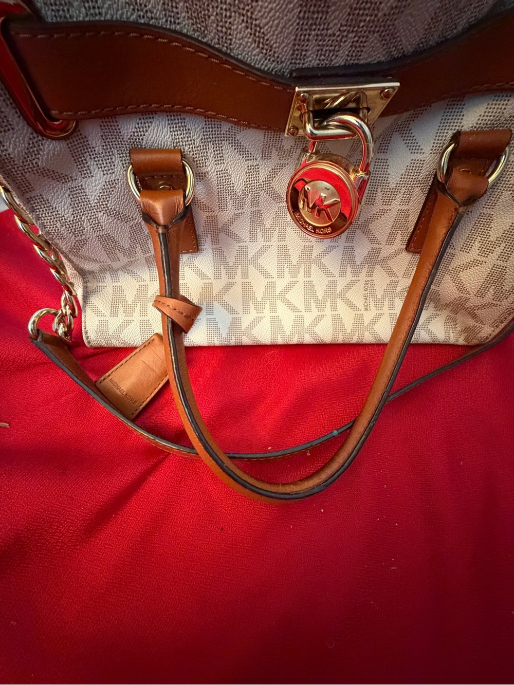 Michael Kors Vanilla Signature Satchel with Brown Trim and Gold Hardware